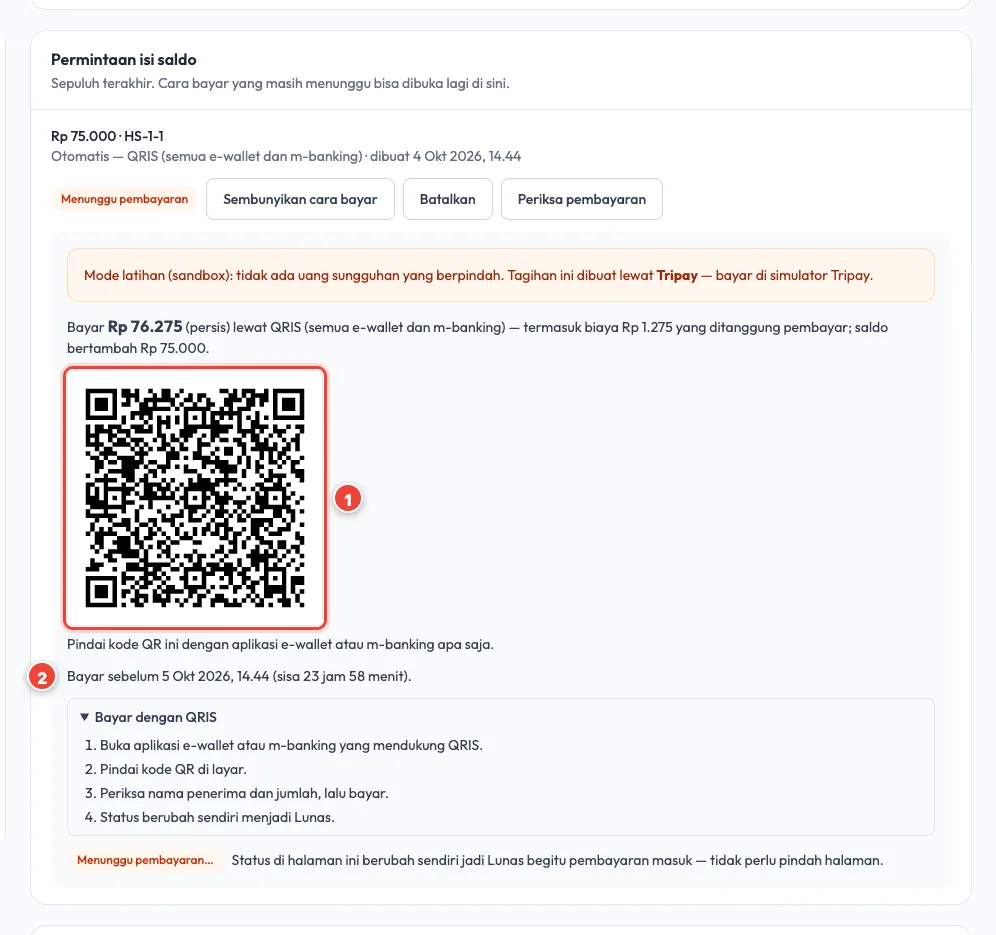 Tagihan QRIS isi saldo dengan kode QR dan batas waktu
