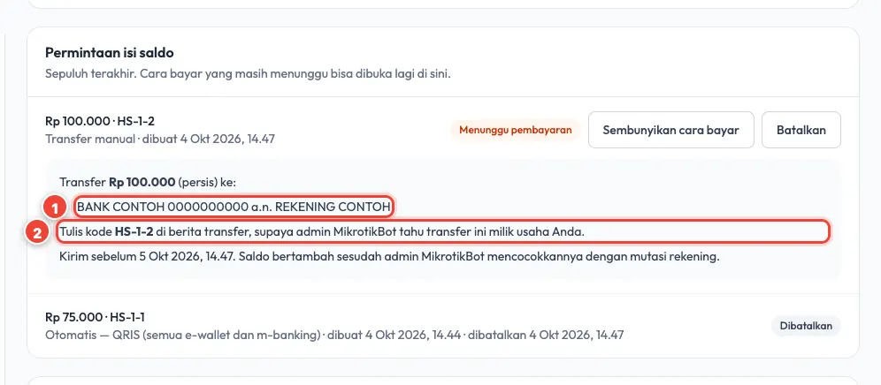 Petunjuk transfer manual dengan rekening tujuan dan kode HS