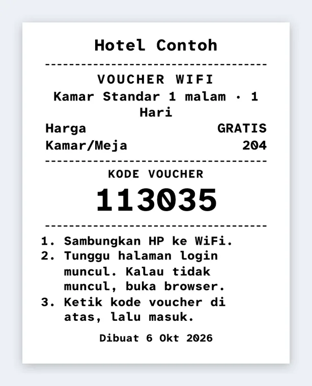 Struk 58 mm berisi kode voucher WiFi dari printer kasir thermal
